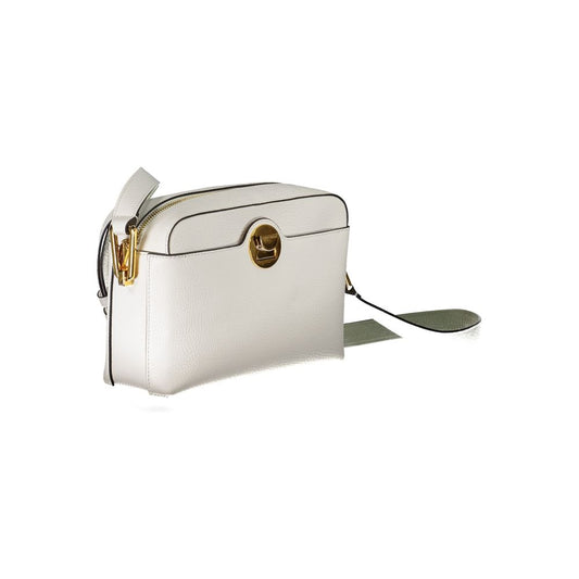 Coccinelle White Leather Handbag with adjustable shoulder strap, zip and swivel closure, contrasting details, and logo.