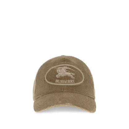 Burberry Beige Cotton Cap (Baseball Hat) with embroidered Equestrian Knight Design on front, featuring corduroy fabric and adjustable closure.