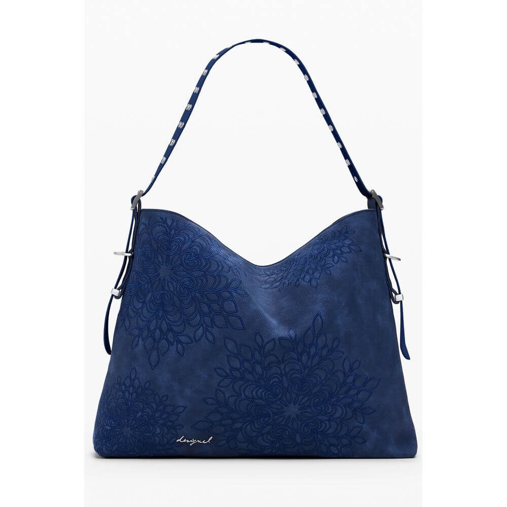 Desigual Blue Polyethylene Women Handbag with intricate embroidery and adjustable shoulder strap, showcasing vibrant blue color.