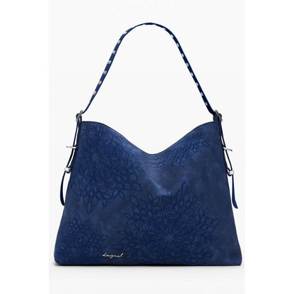 Desigual Blue Polyethylene Women Handbag with intricate embroidery and adjustable shoulder strap, showcasing vibrant blue color.