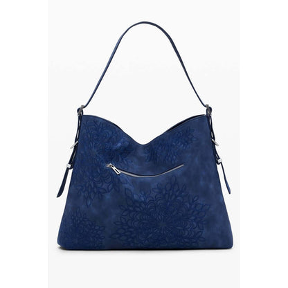 Desigual Blue Polyethylene Women Handbag with intricate embroidery and adjustable shoulder strap.