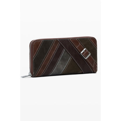 Desigual Brown Polyethylene Women Wallet with stylish diagonal stripe design and secure buckle detail, showcasing bold fashion statements.