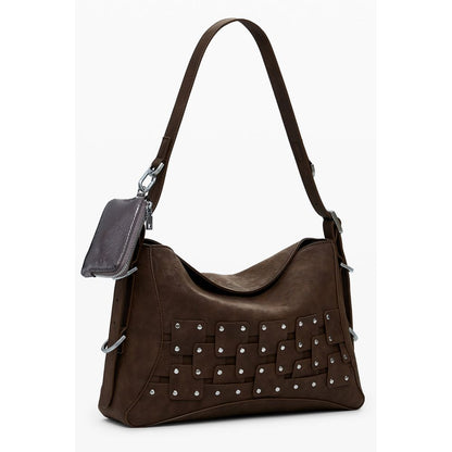 Desigual Brown Polyethylene Women Handbag with removable shoulder handle and coin purse featuring contrasting details and magnetic closure.