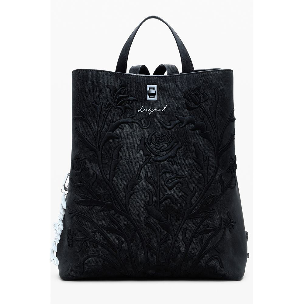 Desigual Black Polyethylene Women Backpack with embroidered floral design and adjustable straps for a bold, practical style.