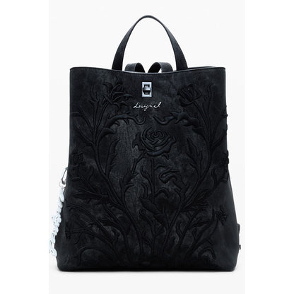 Desigual Black Polyethylene Women Backpack with embroidered floral design and adjustable straps for a bold, practical style.