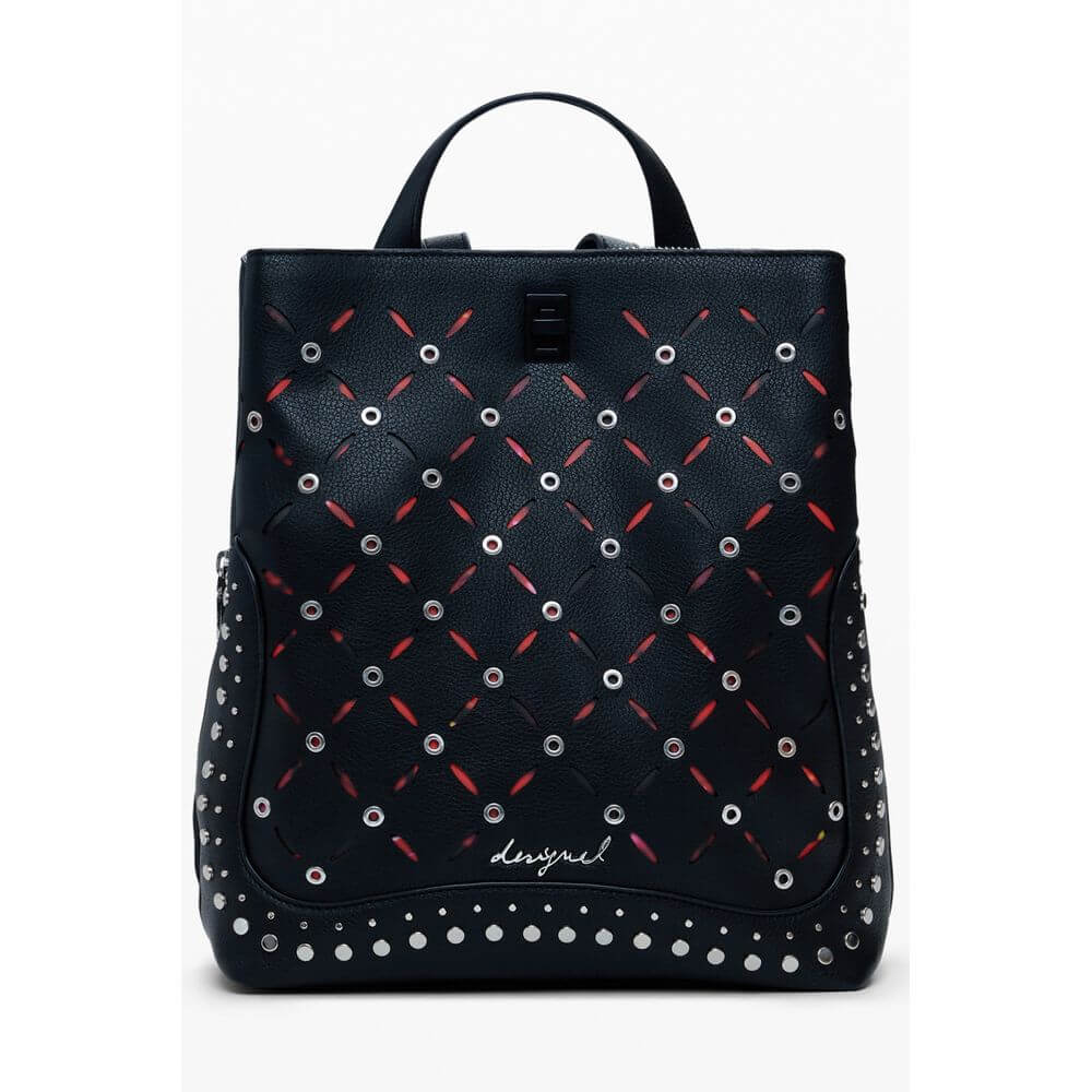 Desigual Black Polyethylene Women Backpack with studded finish and adjustable straps, front view, stylish and practical design.