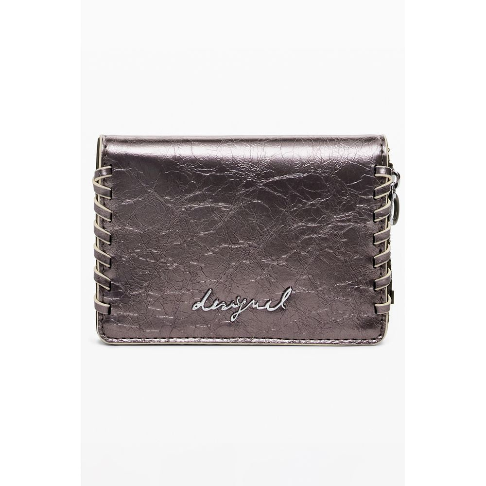 Desigual Bronze Polyethylene Women Wallet with signature embroidery and zip closure.