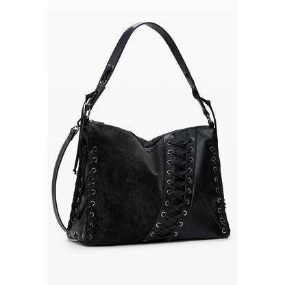 Desigual Black Polyethylene Women Handbag with patch and logo, adjustable shoulder strap, perfect for fashion-forward occasions.