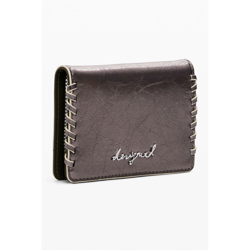 Desigual Bronze Polyethylene Women Wallet with signature embroidery and zip closure, showcasing its elegant and artistic design.