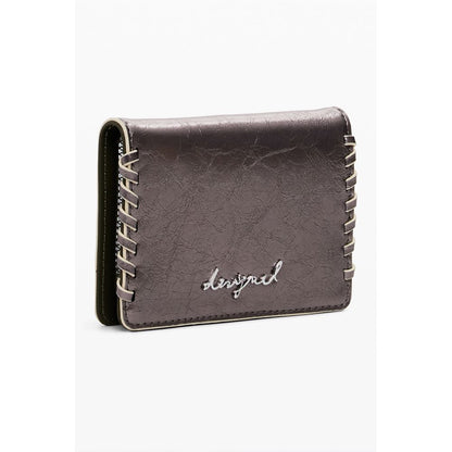 Desigual Bronze Polyethylene Women Wallet with signature embroidery and zip closure, showcasing its elegant and artistic design.