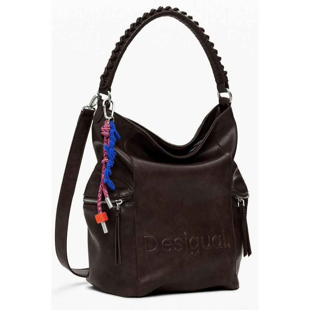 Desigual Brown Polyethylene Women Backpack with Africa-inspired logo and tactile relief print.
