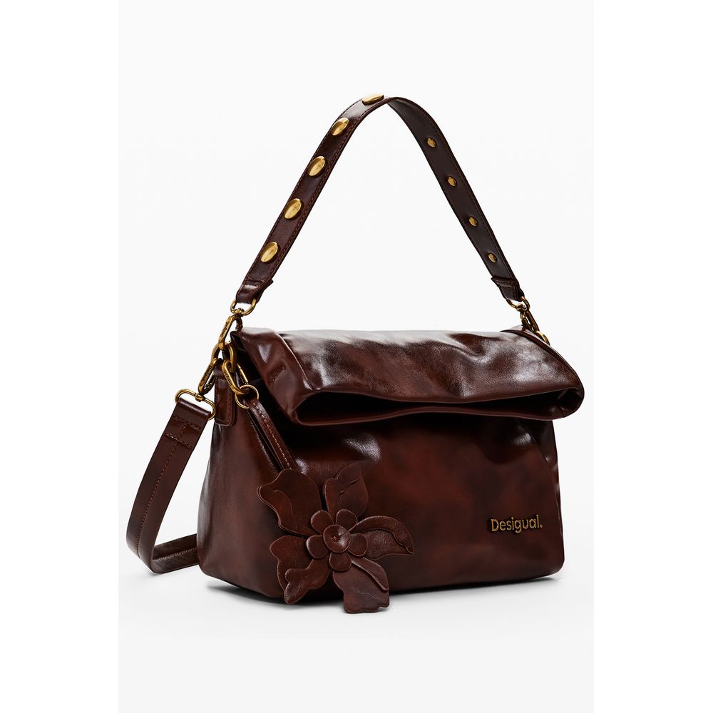 Desigual Brown Polyethylene Women Handbag with removable shoulder handle and floral detail.