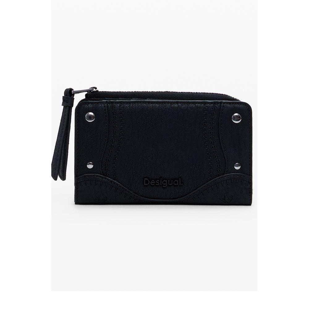 Desigual Black Polyethylene Women Wallet with embroidered patches and secure zip closure, featuring ample compartments and card holders.
