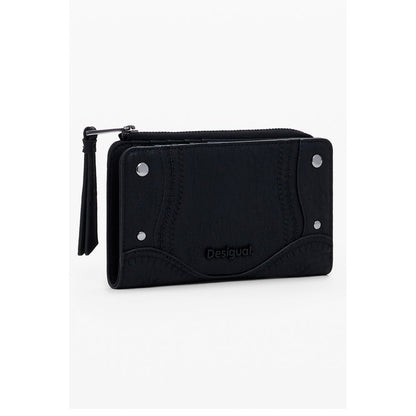Desigual Black Polyethylene Women Wallet with embroidered patches, zip and snap closure, ample compartments, bold design.