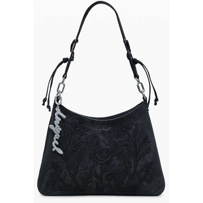 Desigual Black Polyethylene Women Handbag with floral embroidery and adjustable strap.