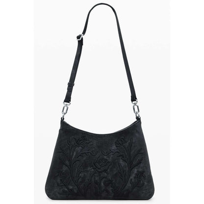 Desigual Black Polyethylene Women Handbag with floral embroidery and adjustable strap.
