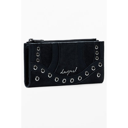 Desigual Black Polyethylene Women Wallet with grommet details and zip closure, perfect for secure and stylish storage.