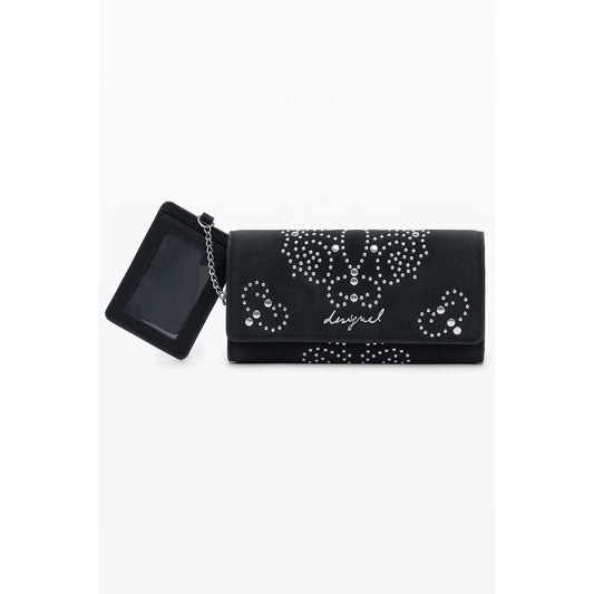 Desigual Black Polyethylene Women Wallet with studs and logo, featuring zip and snap closure, multiple compartments, and coin purse.