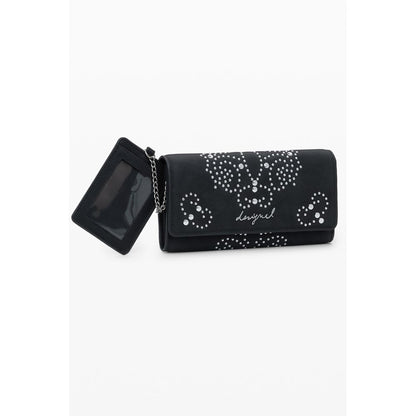 Desigual Black Polyethylene Women Wallet featuring studs and iconic logo, with secure zip and snap closure, 5 compartments including coin purse.