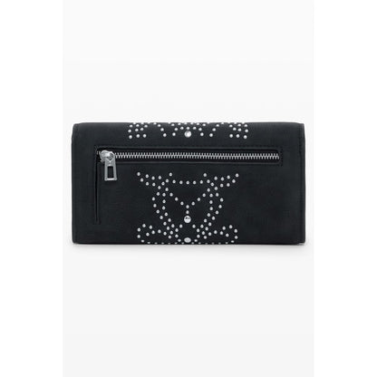 Desigual Black Polyethylene Women Wallet with studs and zip closure, front view of stylish and edgy wallet design.