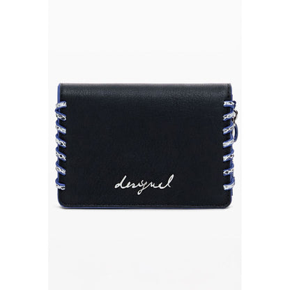 Desigual "Black Polyethylene Women Wallet" with embroidery, compact design, and zip closure, perfect for style and organization.
