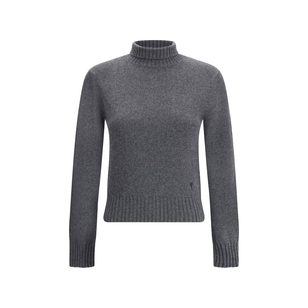Ami Paris Gray Cashmere Turtleneck with ribbed trim and Ami De Coeur logo, perfect for winter elegance.