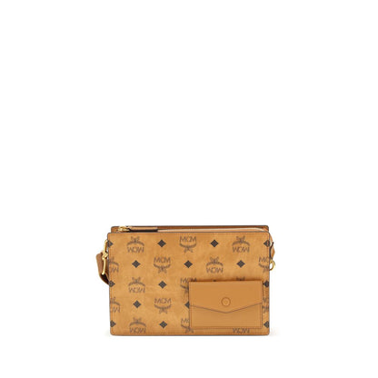 MCM Brown Canvas Shoulder Bag with Visetos print, adjustable strap, suede-effect interior, and front pocket, season AW25, 22x22x4.