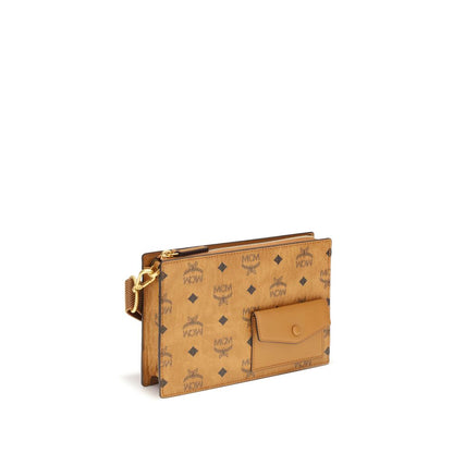 MCM Brown Canvas Shoulder Bag with Visetos print, adjustable strap, front flap pocket, suede-effect interior, and zippered closure.