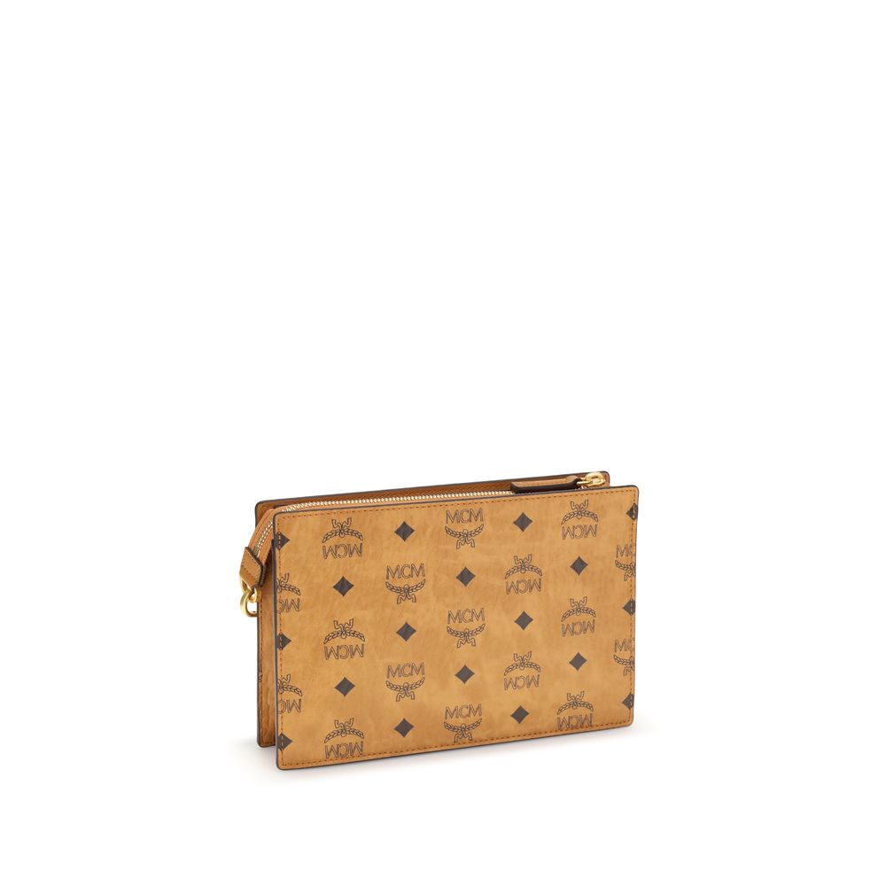 MCM Brown Canvas Shoulder Bag with iconic Visetos print and zippered closure, perfect for everyday use. Dimensions: 22x22x4.