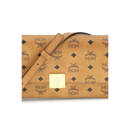 MCM Beige Fabric Wallet with Visetos pattern, metallic logo, and removable leather strap. Features pockets and magnetic closure.