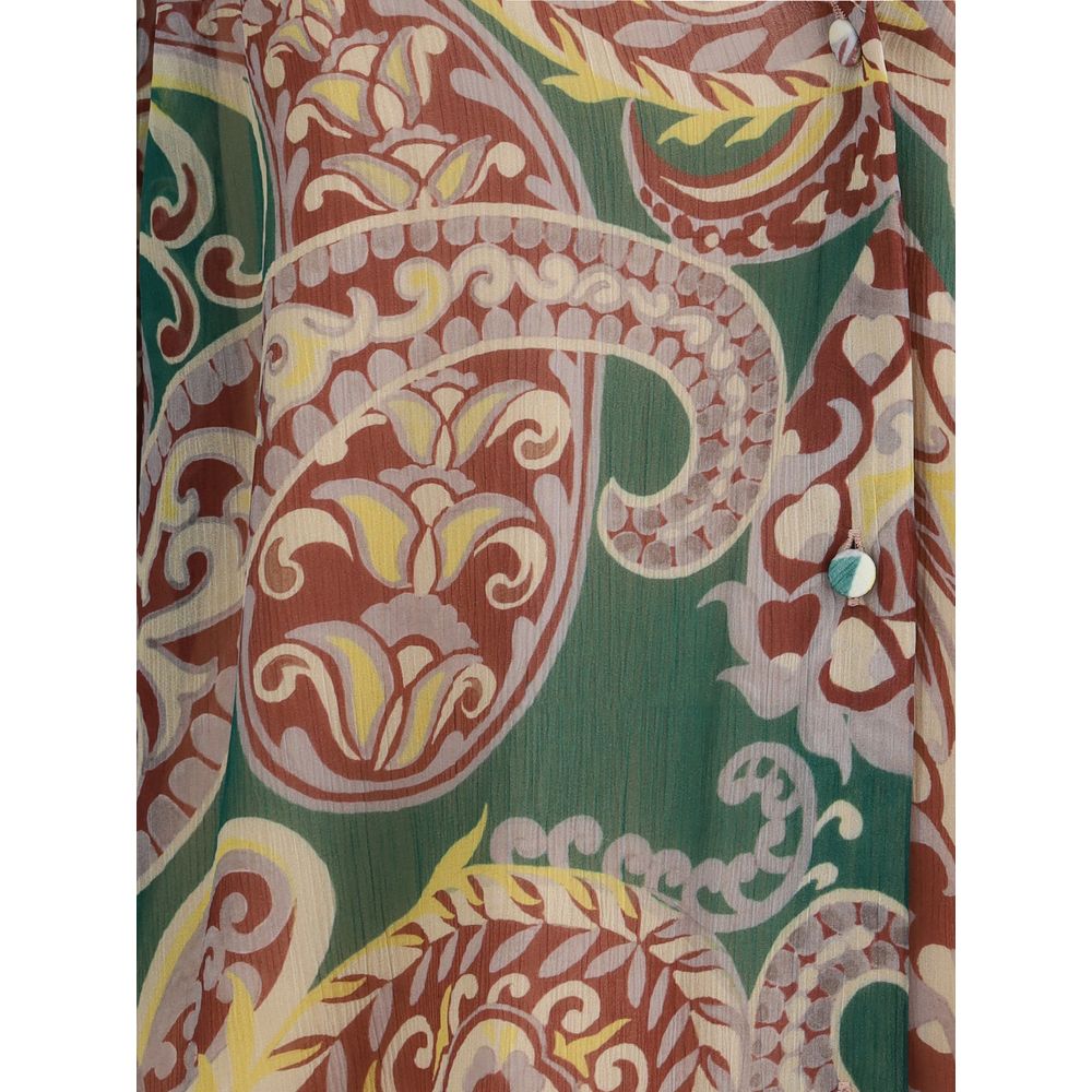 Close-up of Etro Multicolor Silk Pattern Shirt showcasing iconic Paisley print and see-through silk crepon fabric.