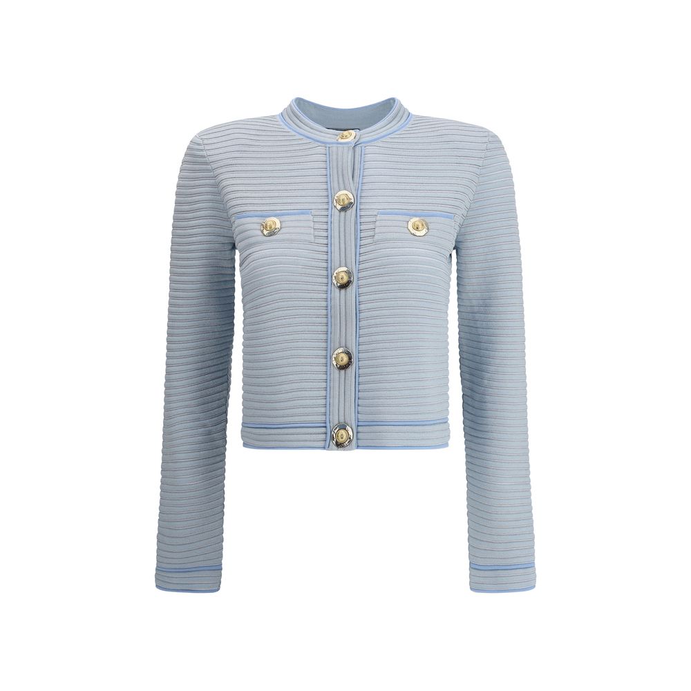 Balmain Light Blue Viscose Cardigan featuring gold buttons and beaded trims for a structured and elegant look.