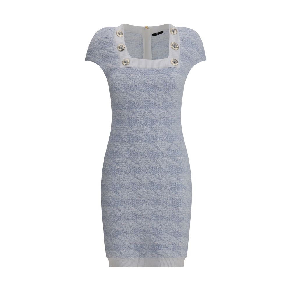 Balmain Light Blue Polyamide Casual Dress with ribbed square neckline, embossed buttons, and back zipper, AW25 slim fit.
