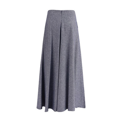 Sara Roka Blue Cotton Midi Skirt with flared silhouette and side zipper closure, made from denim-effect fabric, adds elegance and practicality.