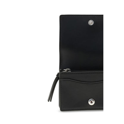 Ganni Black Recycled Leather Wallet with Puppy Print Card Holder and Ganni Butterfly hardware logo, showing multiple compartments.
