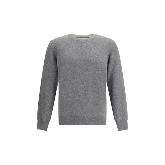 Brunello Cucinelli Gray Cashmere Cashmere Sweater with ribbed crew neck, cuffs, and hem, showcasing luxury and simplicity in men's fashion.