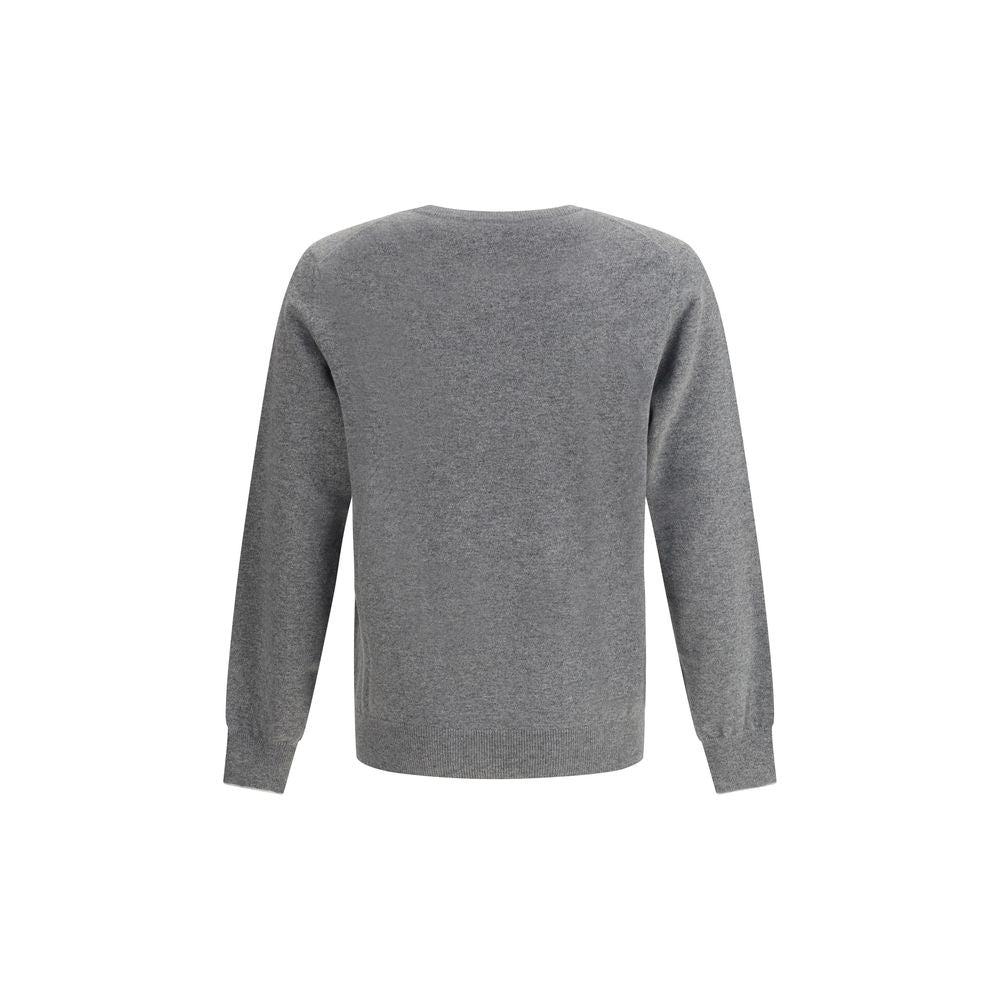 Brunello Cucinelli Gray Cashmere Cashmere Sweater with ribbed crew neck, cuffs, and hem, perfect for elegant, comfortable men's fashion.