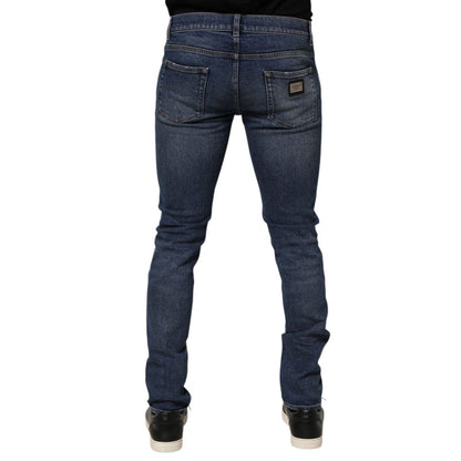 Dolce & Gabbana Blue Cotton Logo Plaque Skinny Men Denim Jeans