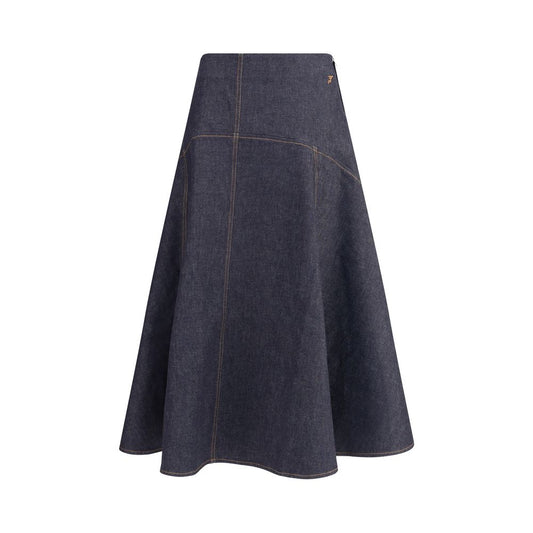 Jacquemus Blue Cotton Midi Skirt with contrast stitching, flair design, 'J' embroidery, and side zipper closure.