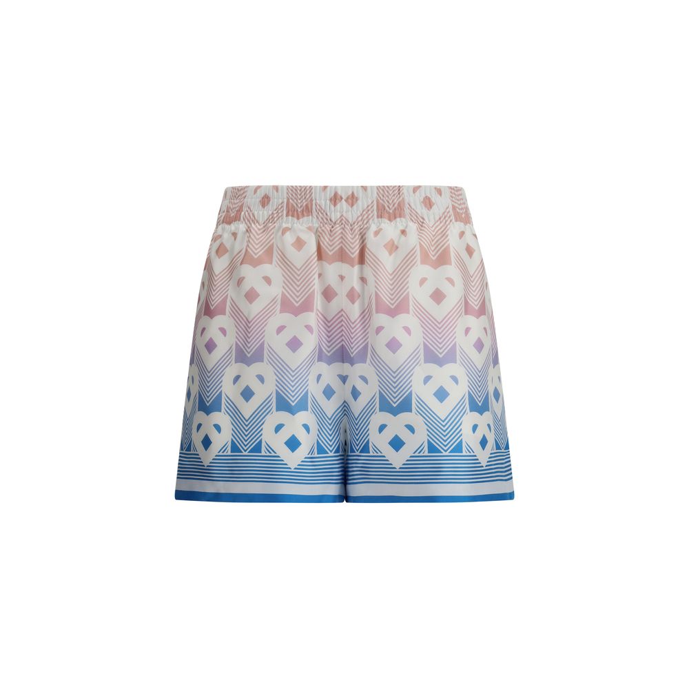 Casablanca Multicolor Silk Bermuda Shorts with gradient heart monogram on printed silk twill, featuring elastic waist and striped hem-detailing.