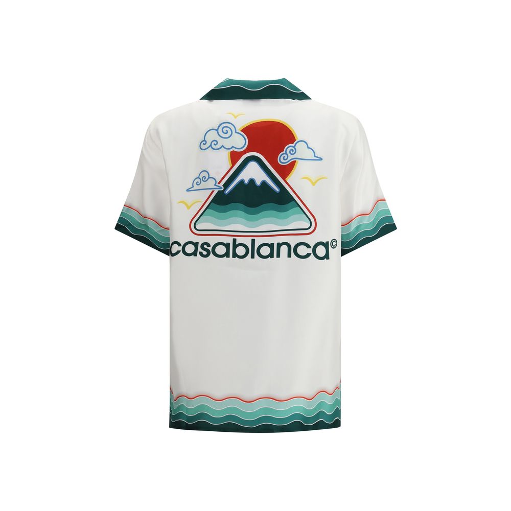Casablanca White Silk Pattern Shirt with Japanese-inspired print, Cuban collar, and oversize fit, back view with logo and design details.