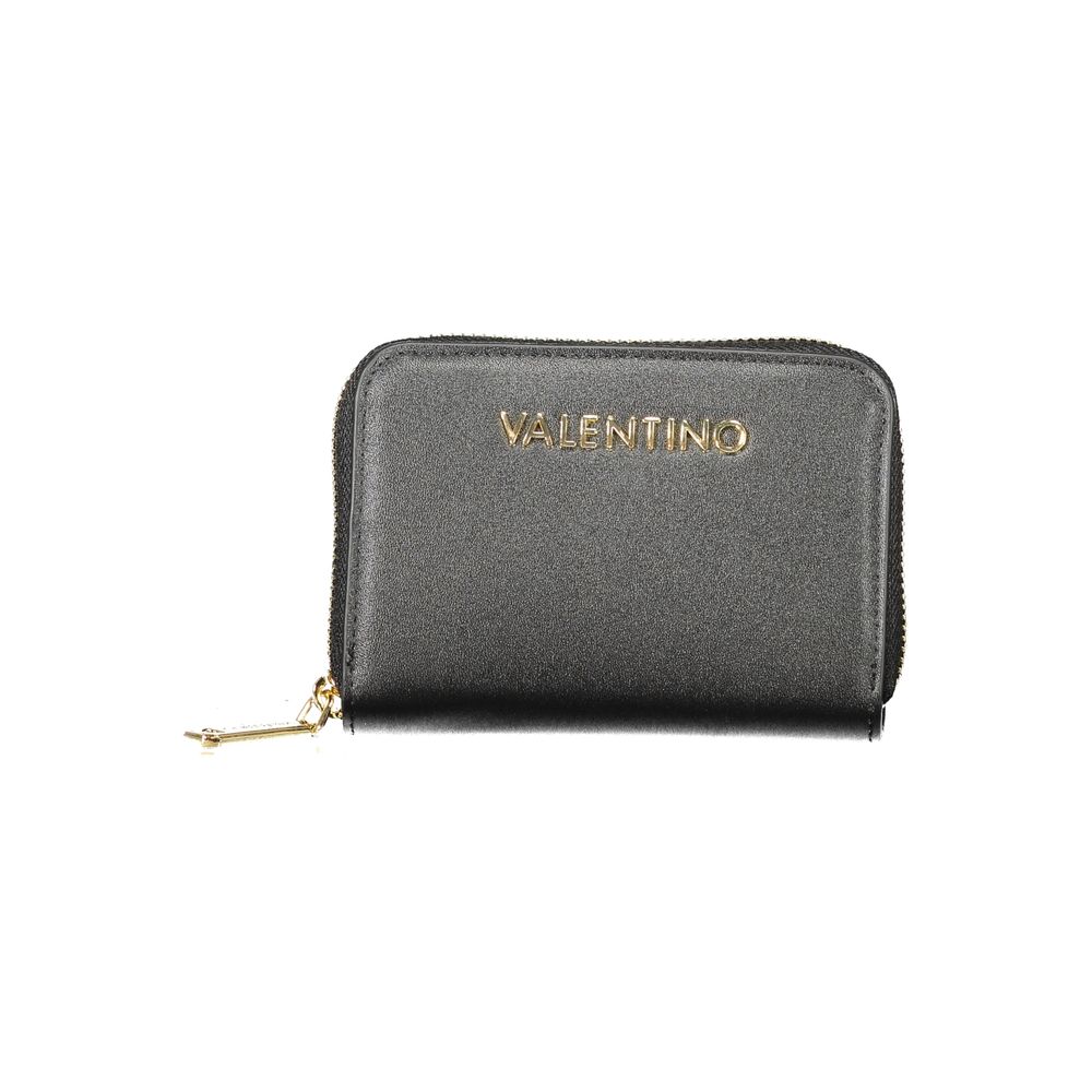 Mario Valentino Black Polyethylene Wallet with zip closure, six compartments, coin purse, and double card spaces, featuring a logo.