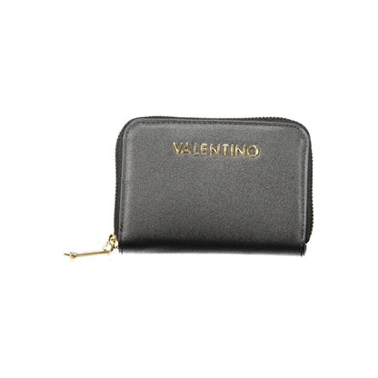 Mario Valentino Black Polyethylene Wallet with zip closure, six compartments, coin purse, and double card spaces, featuring a logo.