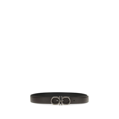 Ferragamo Brown Calf Leather Bos Taurus Regular Belt with Gancini buckle on white background.