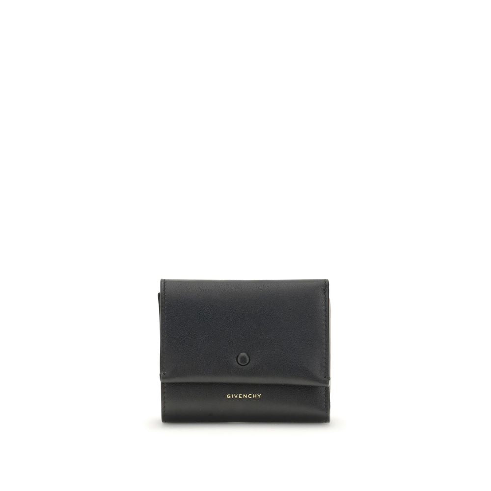 Givenchy Black Lamb Leather Wallet with snap closure and gold signature, featuring bill pocket, card slots, and coin pocket, 10x10x3 cm.
