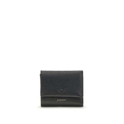 Givenchy Black Lamb Leather Wallet with snap closure and gold signature, featuring bill pocket, card slots, and coin pocket, 10x10x3 cm.
