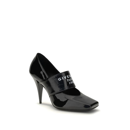 Givenchy Black Calf Leather Bos Taurus High Heel Pumps with square toe and logo strap.