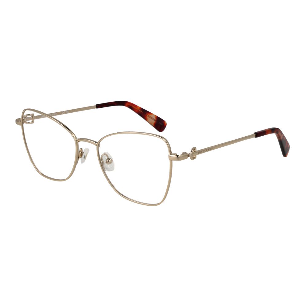 Longchamp Gold Women Glasses Frame in full-rim butterfly style with metal frame and demo lenses.