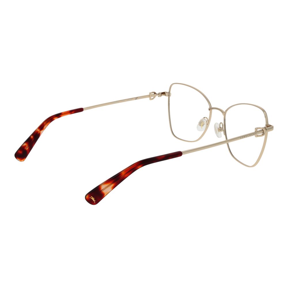 Longchamp Gold Women Glasses Frame, metal full-rim butterfly style with demo lenses, size 52-17-140, gold frame and temples.