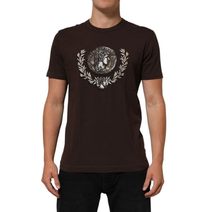 Dolce & Gabbana Brown Coin Laurel Print Men Crew Neck T-shirt